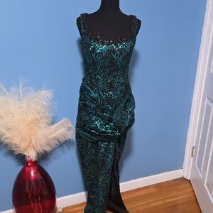 Elegant Teal Sequin Evening Dress